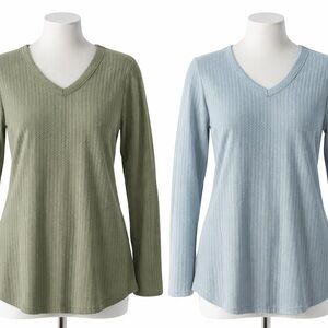 2 Chaser Waffle Knit V-Neck Long Sleeve Tops Blue & Green Size M